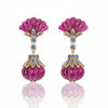 Hand-Carved Pink Tourmaline Fan and Globe Drop Earrings with Blue Sapphire Accents