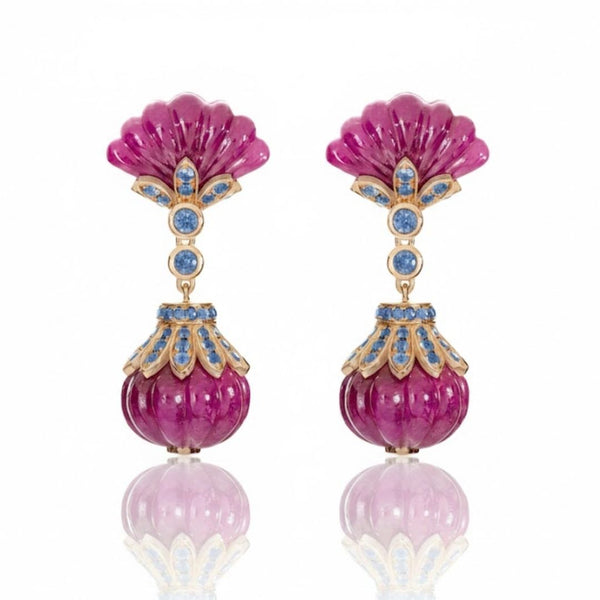 Hand-Carved Pink Tourmaline Fan and Globe Drop Earrings with Blue Sapphire Accents