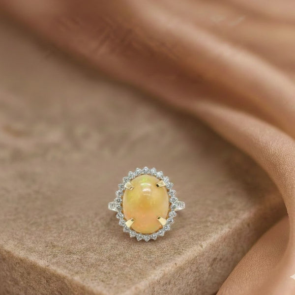 Fire Opal and Diamond Cluster Ring in 14K Yellow Gold