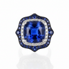 Cushion-Cut Blue Sapphire Ring in 14K White Gold with Double Diamond and Sapphire Halo