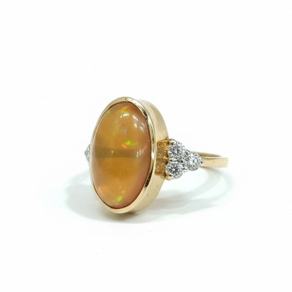 Natural Oval Opal Bezel-Set Ring with Diamond Cluster Ring