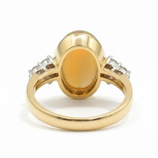 Natural Oval Opal Bezel-Set Ring with Diamond Cluster Ring