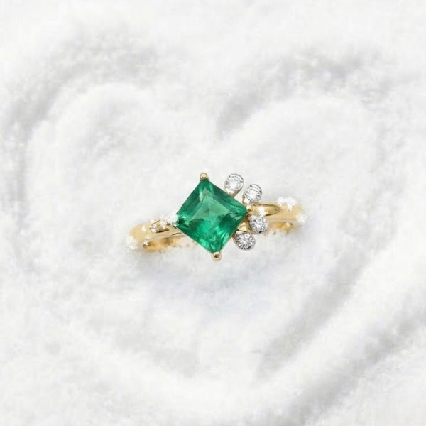Princess-Cut Natural Emerald Ring with Asymmetric Diamond Crown in Gold