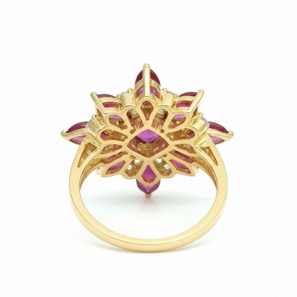 Natural Ruby Starburst Cluster Ring with Princess-Cut Center in Yellow Gold
