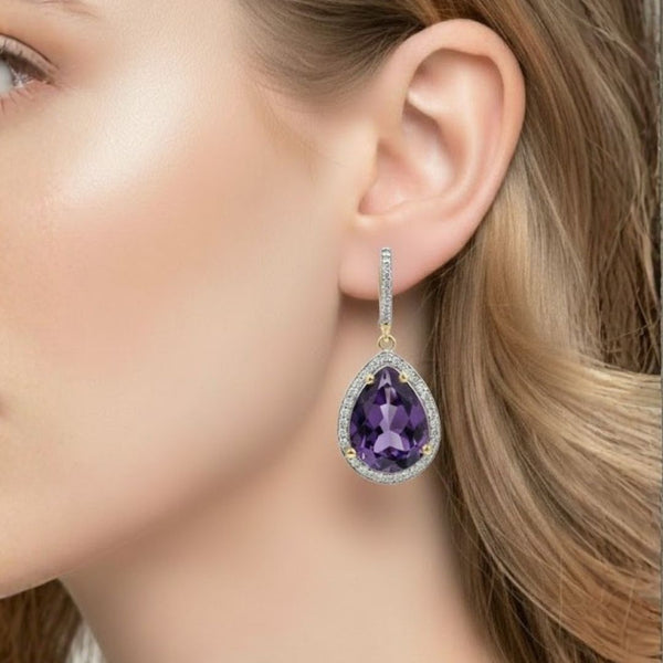 Amethyst Drop with diamond Earrings 14k Gold