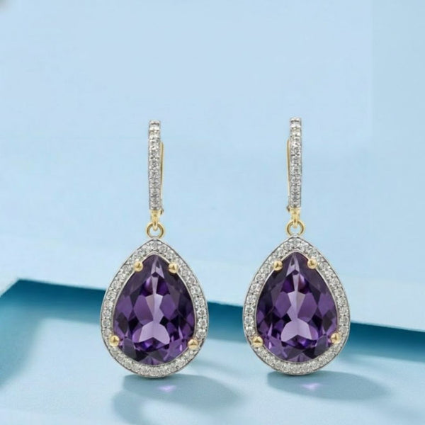 Amethyst Drop with diamond Earrings 14k Gold