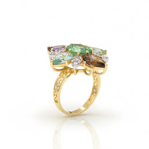 Multi-Color Tourmaline Flower Ring in 14K Gold with Diamond Accents