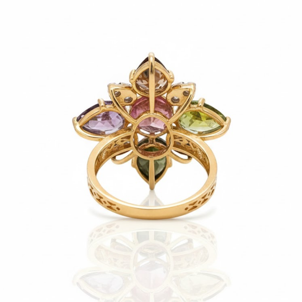 Multi-Color Tourmaline Flower Ring in 14K Gold with Diamond Accents