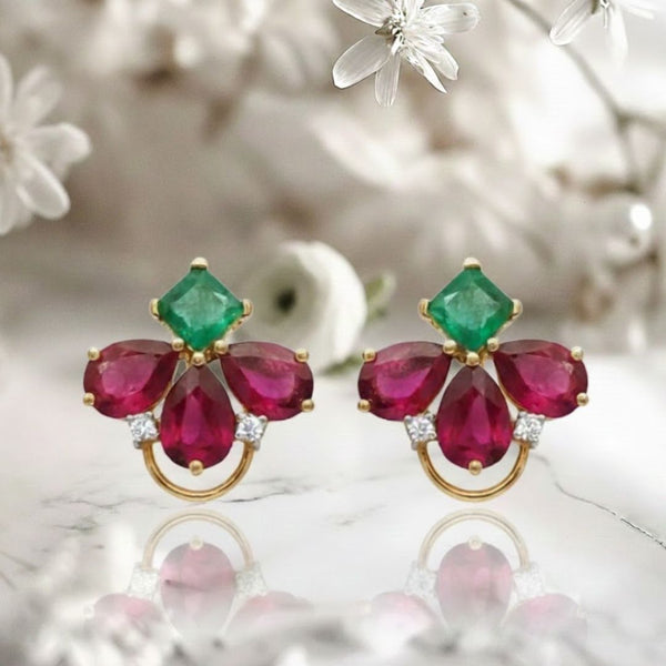 Ruby and Emerald Gold Studs with Brilliant Diamond Sparkle