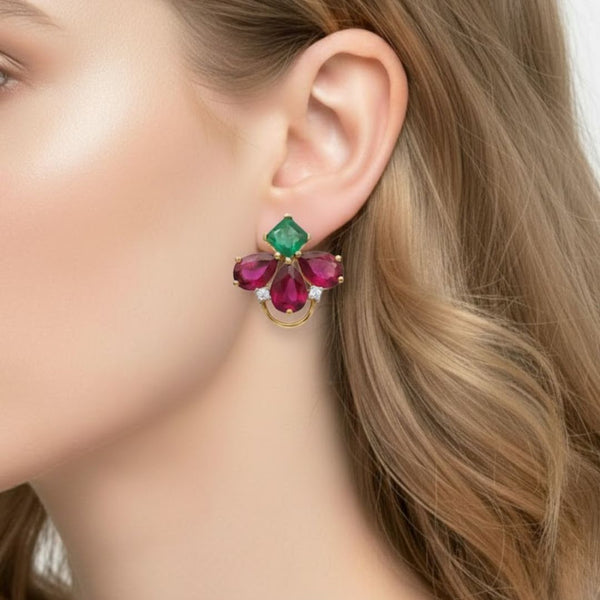 Ruby and Emerald Gold Studs with Brilliant Diamond Sparkle