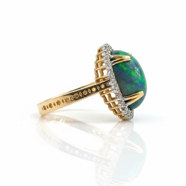 Cabochon - Cut Green Fire Opal With Diamond Ring