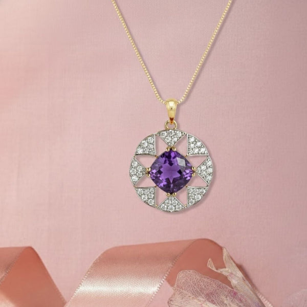 Vintage Style Amethyst Halo Pendant with Diamond Round Detailing
