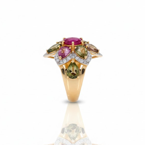 Natural Ruby and Multi-Color Tourmaline Floral Cluster Ring with Diamond Accents