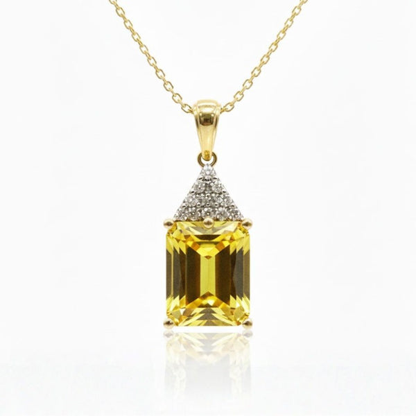 Emerald - Cut Lemon Topaz with diamond top cover Pendant