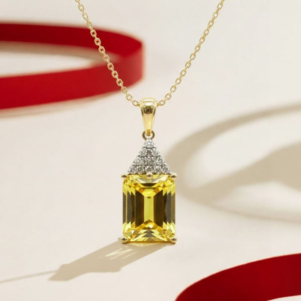 Emerald - Cut Lemon Topaz with diamond top cover Pendant