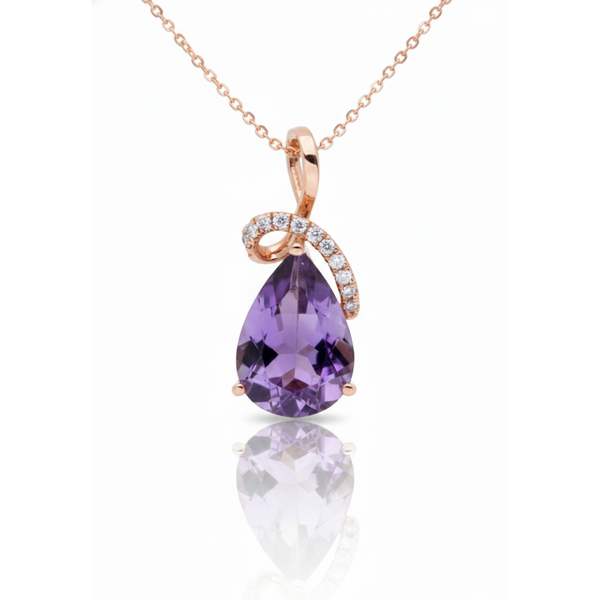 Pear-Cut Amethyst Pendant in 14K Rose Gold with Diamond-Accented Ribbon Swirl