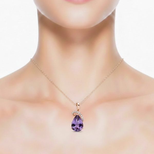 Pear-Cut Amethyst Pendant in 14K Rose Gold with Diamond-Accented Ribbon Swirl