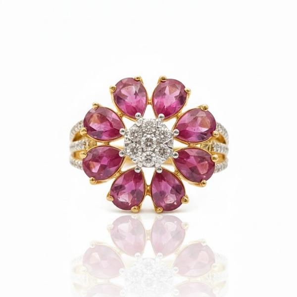 Nature Inspired Rhodolite & Diamond Flower Ring