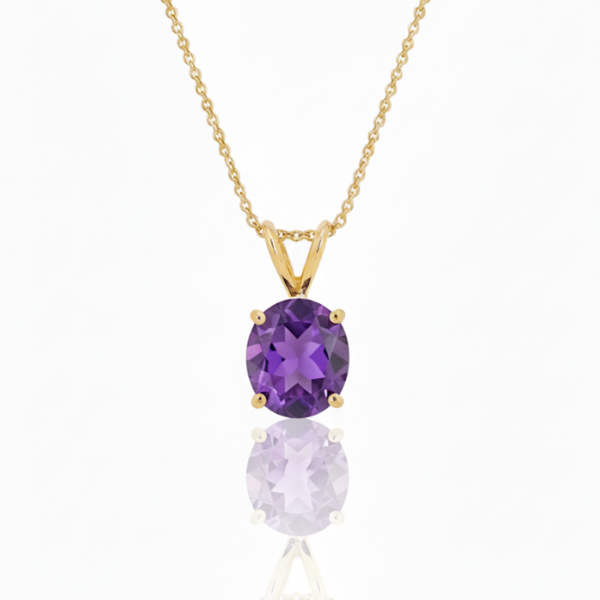 Oval-Cut Amethyst Solitaire Pendant in 14K Yellow Gold with Modern V-Bale