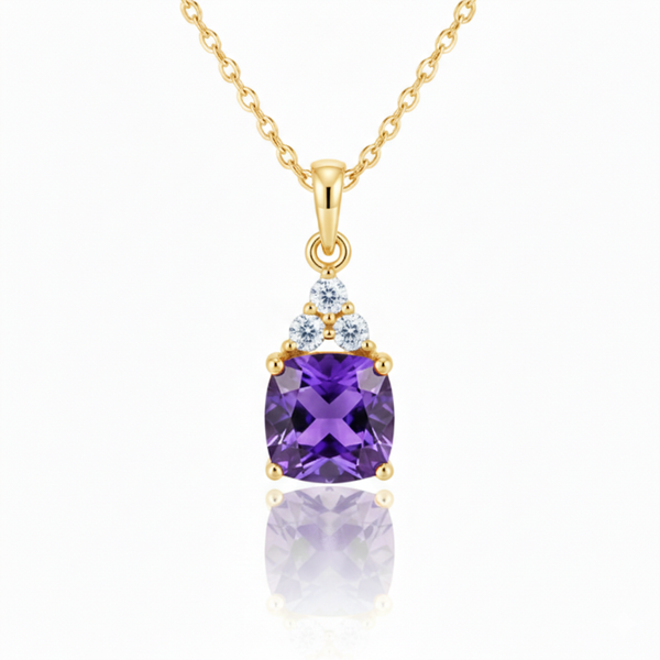 Cushion-Cut Amethyst Pendant in 14K Yellow Gold with Triple Diamond Accent