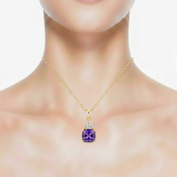 Cushion-Cut Amethyst Pendant in 14K Yellow Gold with Triple Diamond Accent