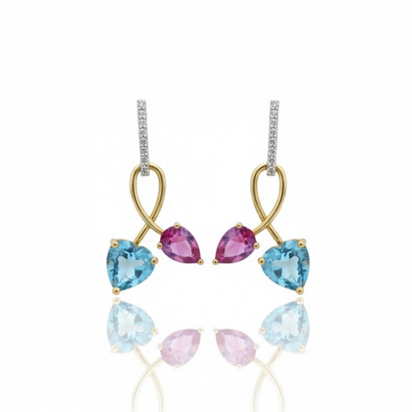 Blue Topaz Heart and Rhodolite Pear-Cut Drop Earrings in 14K Gold
