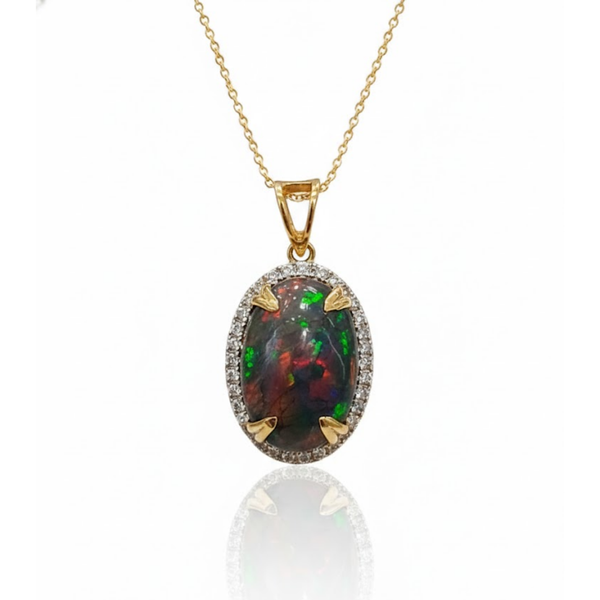 Natural Black Opal Cabochon Pendant with Brilliant Diamond Halo Pendent