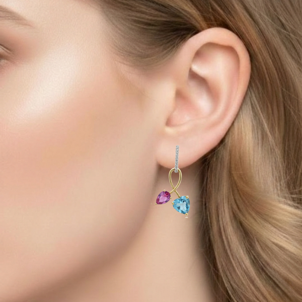 Blue Topaz Heart and Rhodolite Pear-Cut Drop Earrings in 14K Gold
