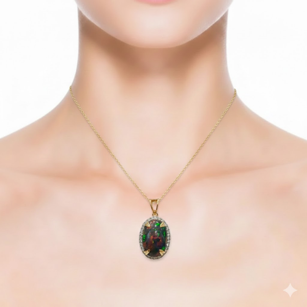 Natural Black Opal Cabochon Pendant with Brilliant Diamond Halo Pendent