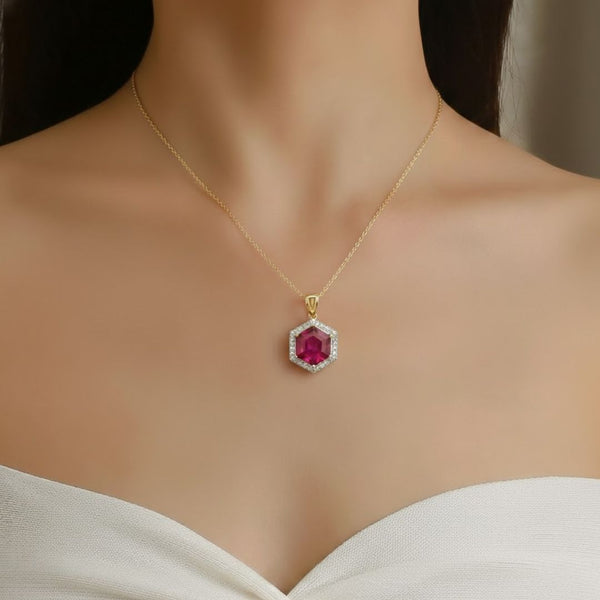 Hexagon - Shaped Ruby Halo Pendant
