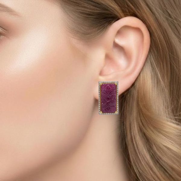 Carved Ruby Floral Tablets with Shimmering Diamond Frame Earrings