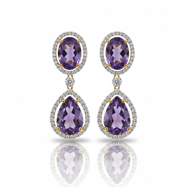 Natural Amethyst Oval and Teardrop Halo Earrings with Diamond Accents