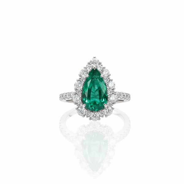Pear-Cut Emerald Halo Ring with Lab Grown Diamond Accents