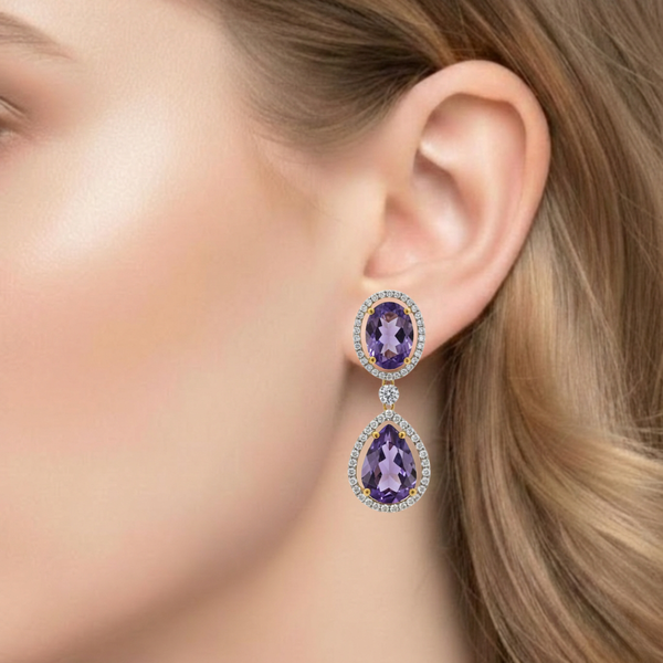 Natural Amethyst Oval and Teardrop Halo Earrings with Diamond Accents