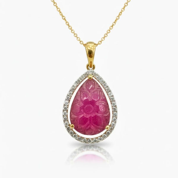 Drop - Cut Carved Ruby Halo Pendant