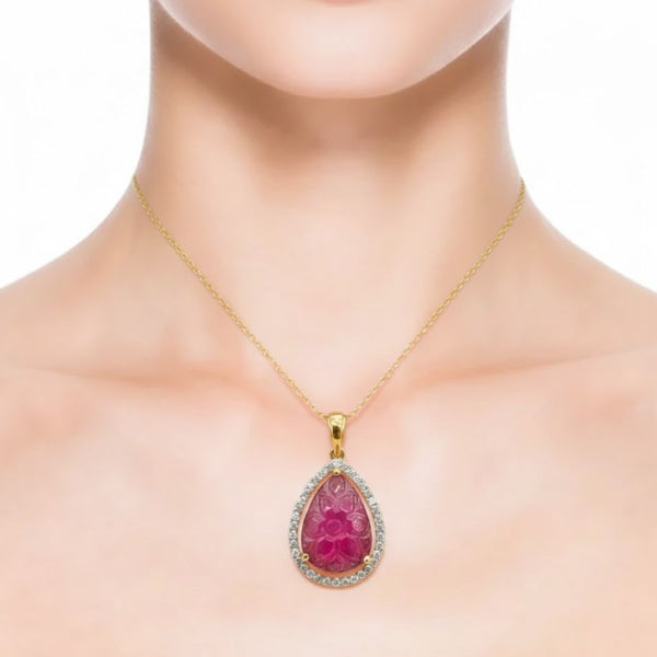 Drop - Cut Carved Ruby Halo Pendant