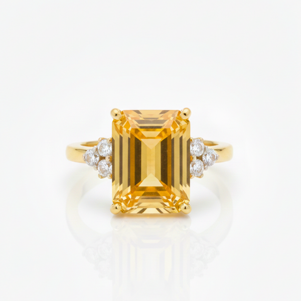 Emerald-Cut Citrine and Diamond Three-Stone Ring