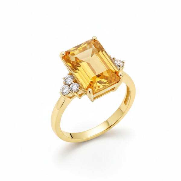 Emerald-Cut Citrine and Diamond Three-Stone Ring