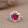 Haxagon Cut Ruby Stone in Diamond Ring