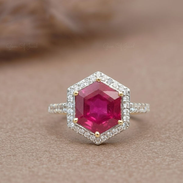 Haxagon Cut Ruby Stone in Diamond Ring