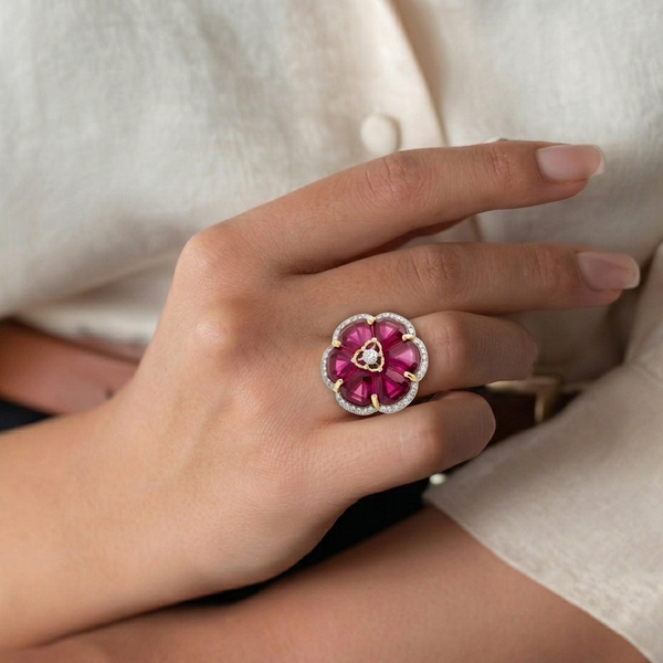 Natural Ruby Flower shape-Stone Ruby in Diamond Ring