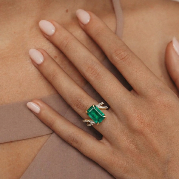 Natural Radiant - Cut Emerald InDiamond Ring