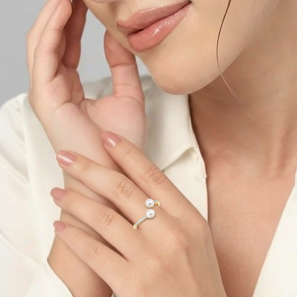 Two-Stone Pearl Open Bypass Ring with Pavé Diamonds