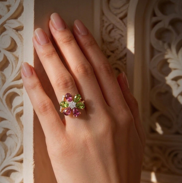 Vintage Inspired Tourmaline Flower Six Stone In Diamond Ring