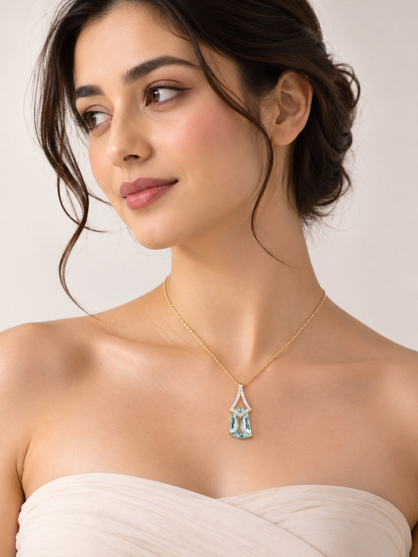 Radiant - Truncated Blue Topaz in diamond Accents Pendant