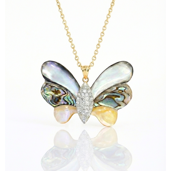 Carved Abalone and Diamond Butterfly Statement Pendant