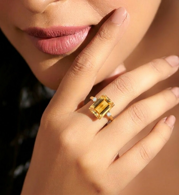 Emerald-Cut Citrine Solitaire with Diamond Accents