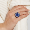 Cushion-Cut Blue Sapphire Ring in 14K White Gold with Double Diamond and Sapphire Halo