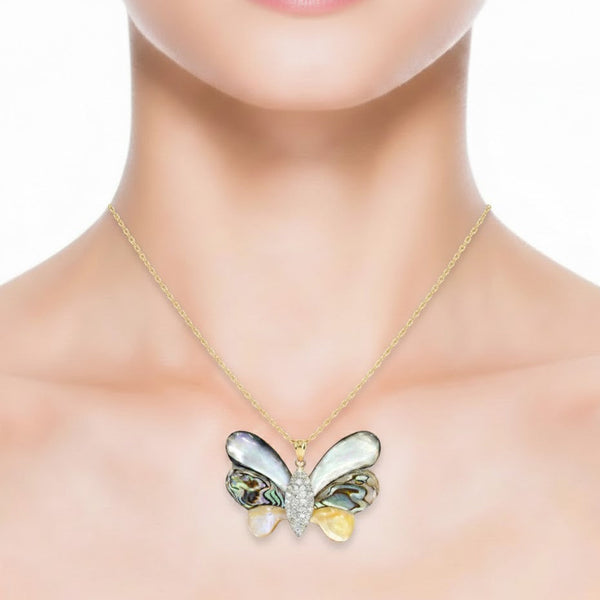 Carved Abalone and Diamond Butterfly Statement Pendant