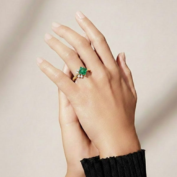 Princess-Cut Natural Emerald Ring with Asymmetric Diamond Crown in Gold